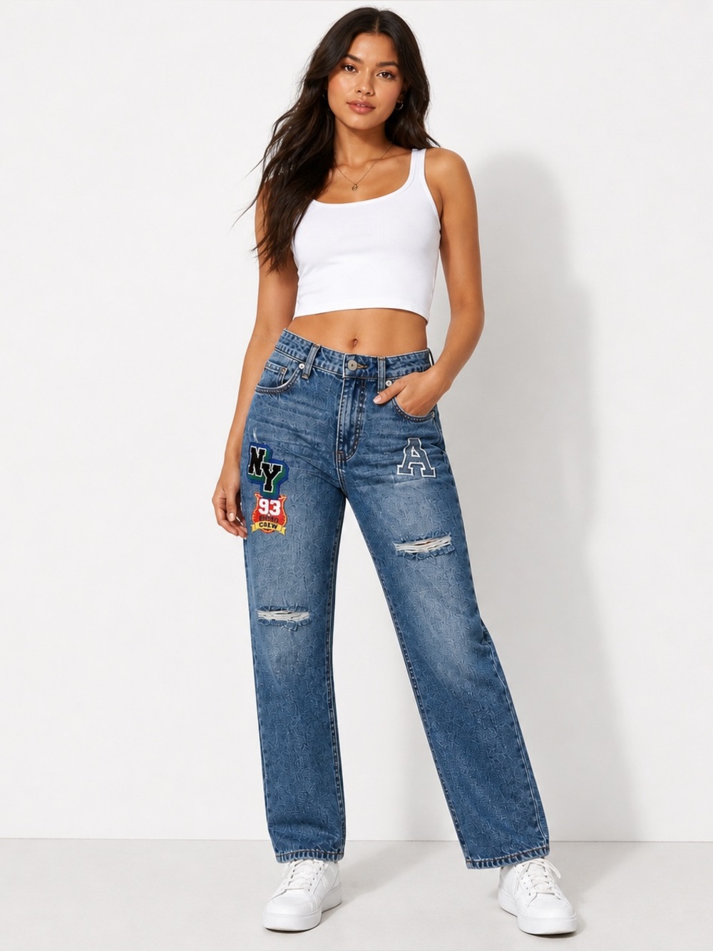 No Boundaries Patch Distressed Jeans High Rise Straight Size 11